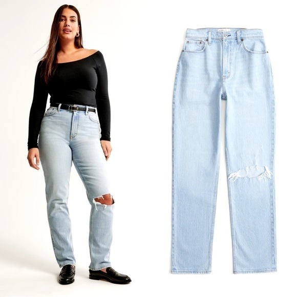 Abercrombie & Fitch Denim - Abercrombie & Fitch Curve Love Ultra High Rise 90s Straight Jean Light Destroy